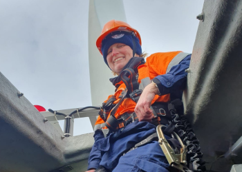 Sara Pearce inside a wind turbine at Mawson Station.