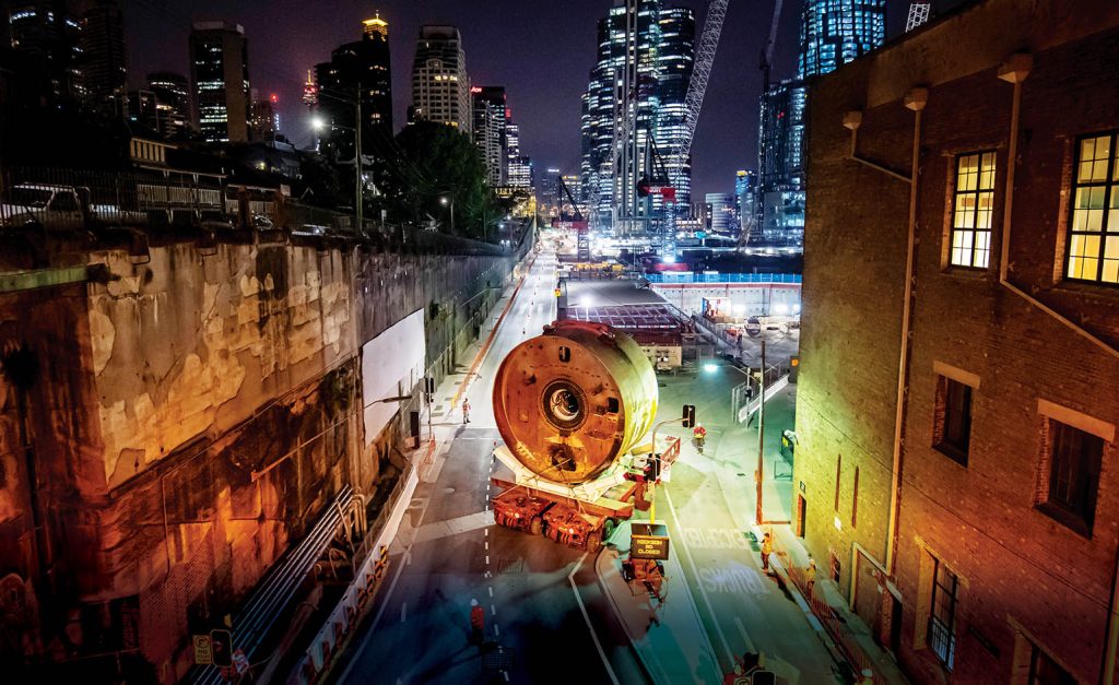 TBM Kathleen's front shield is moved across Hickson Road at Barangaroo
