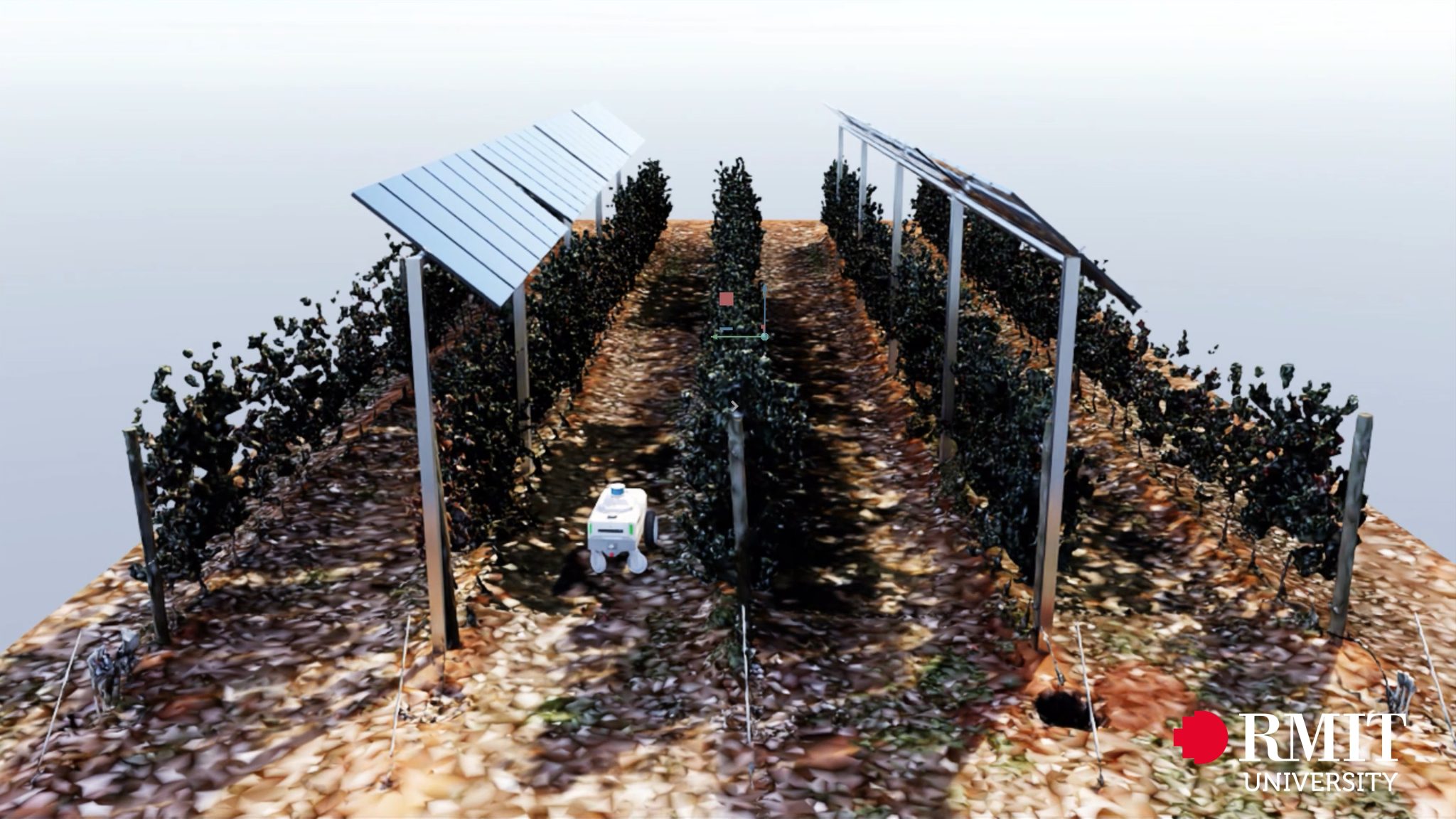 An agrivoltaics digital twin studies the impact of a solar tracker on orchard operations.