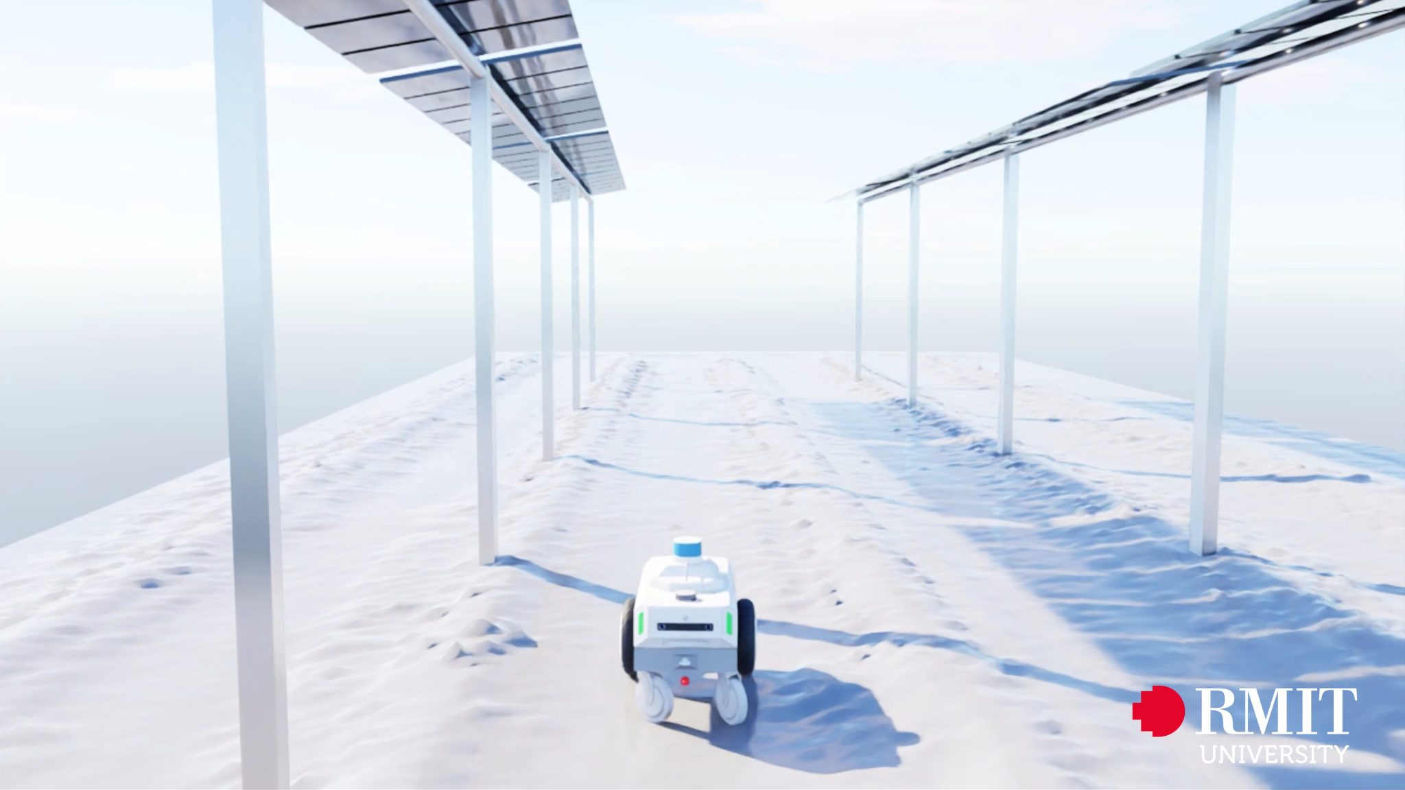 A robot navigates terrain in the physics-based digital twin to simulate perception and motion.