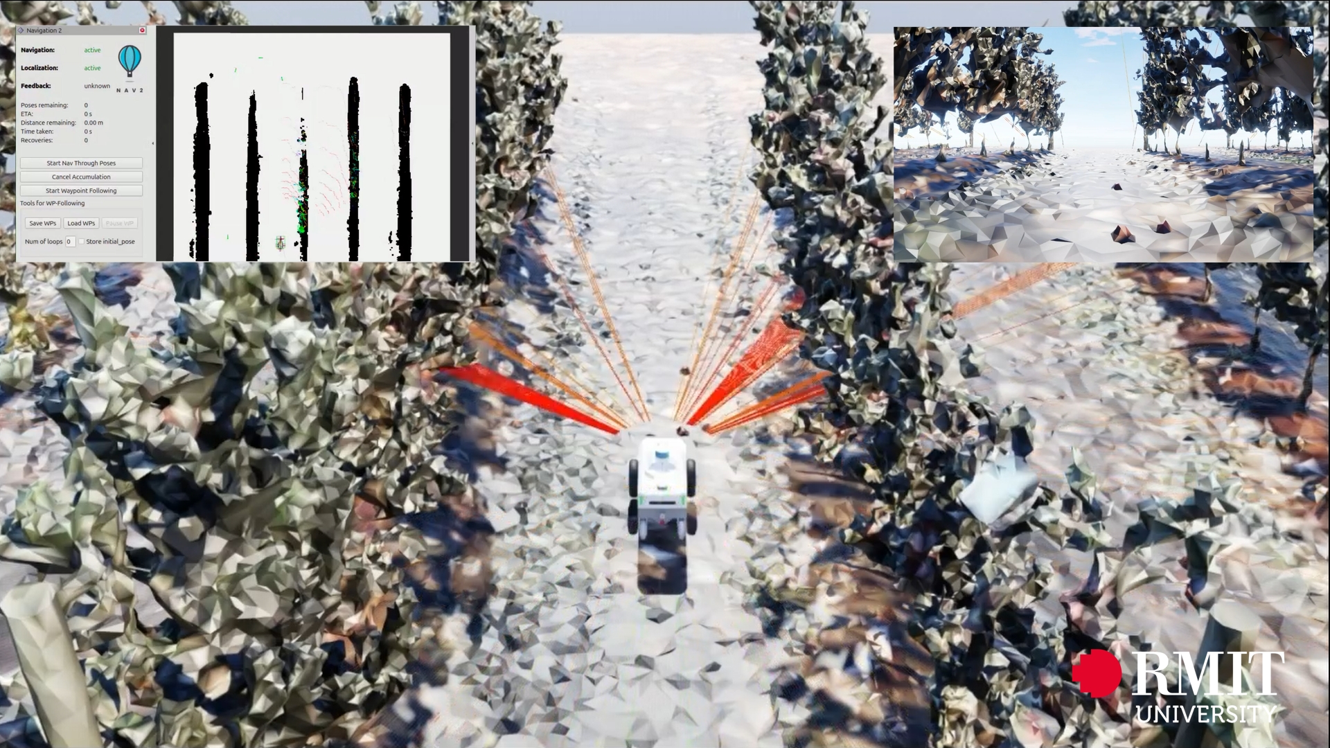 The robot's navigation stack runs against the digital twin to test path planning and localisation.