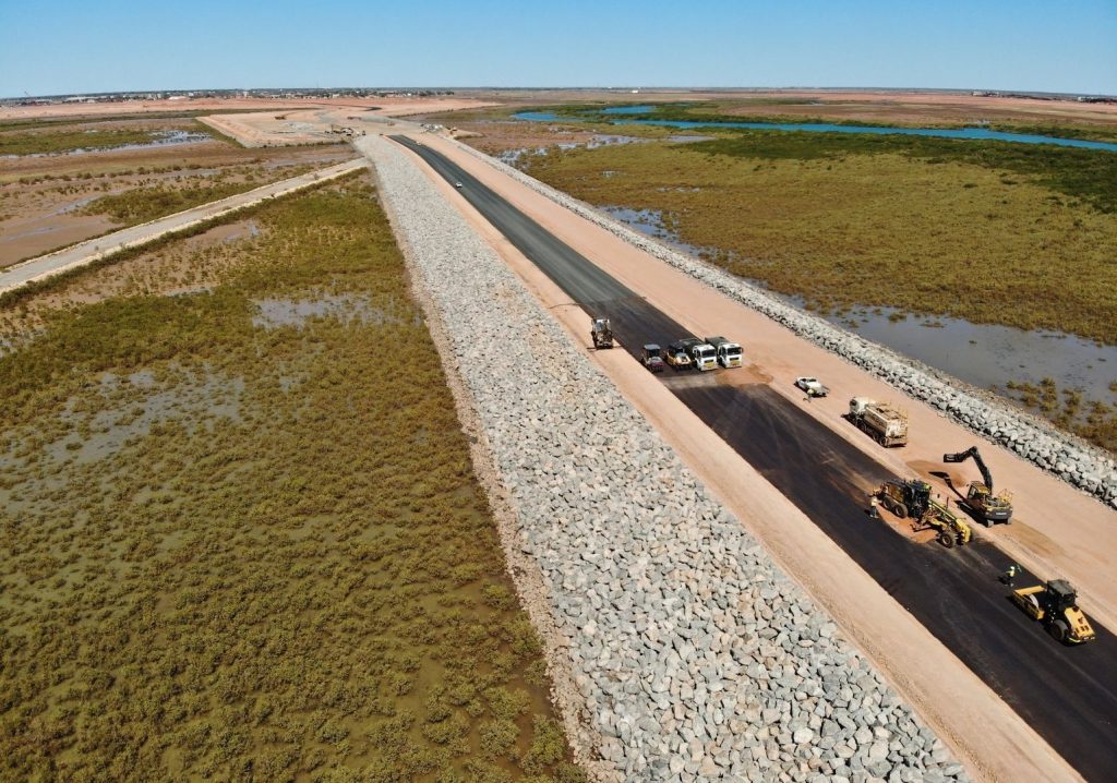 Causeway construction nearing completion in June 2025. Image: Pilbara Ports