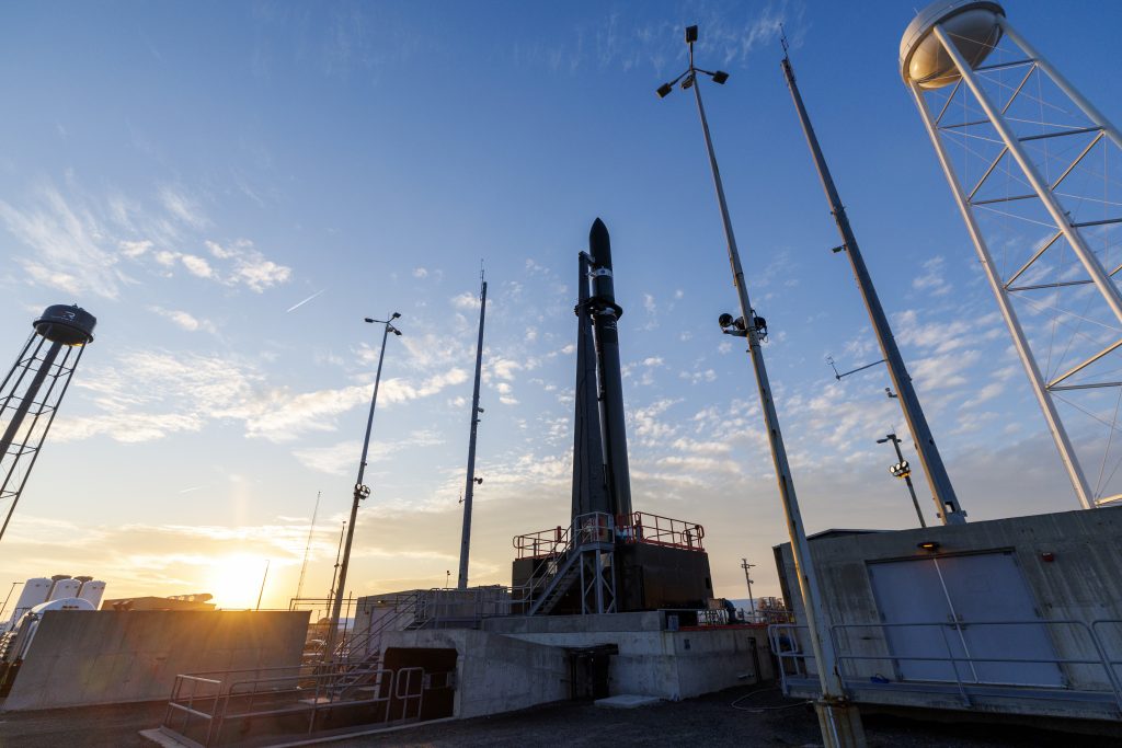 Electron/HASTE sits in dwindling sunlight after an early scrub just after prop load at LC-2 in Wallops Island, VA on Wednesday, Feb. 25, 2026. Austin DeSisto