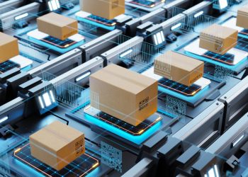 Series of cardboard boxes being scanned by a low-code AI algorithm along a production line