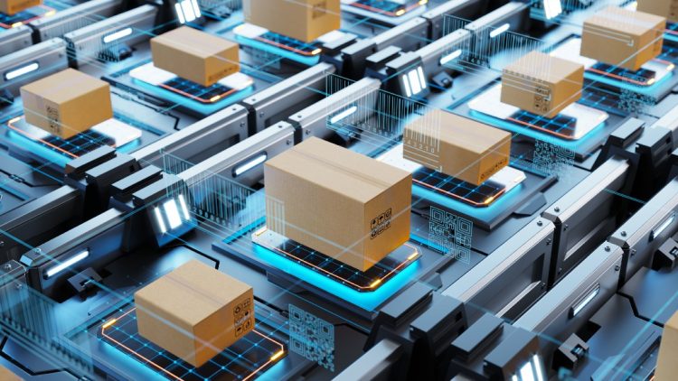 Series of cardboard boxes being scanned by a low-code AI algorithm along a production line