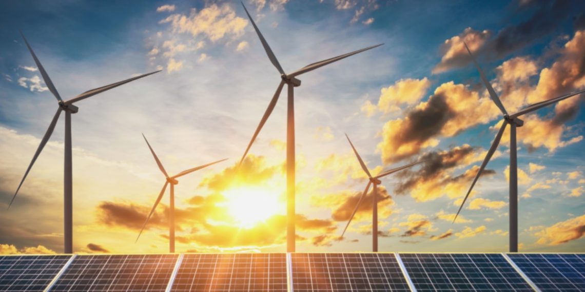 Wind power with sunset behind