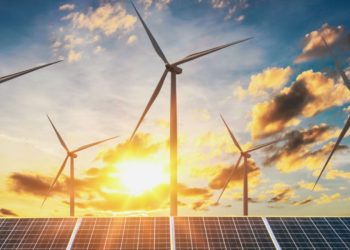 Wind power with sunset behind