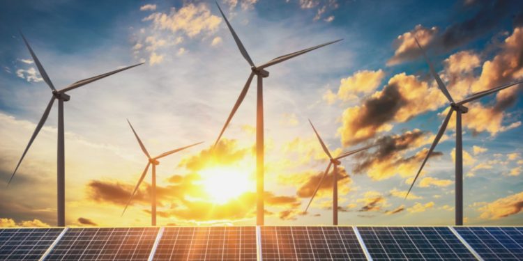 Wind power with sunset behind
