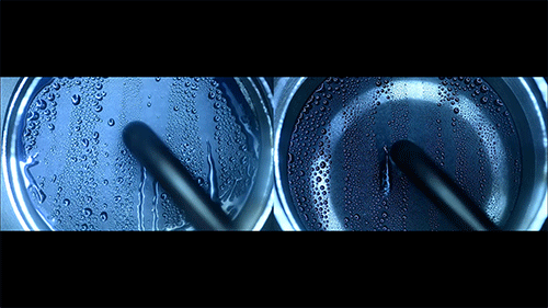 Condensation of pentane, a low-surface-tension fluid. On the left, streaking of drops impair heat transfer, while pentane with the new coating, at right, shows high droplet formation and good heat transfer.