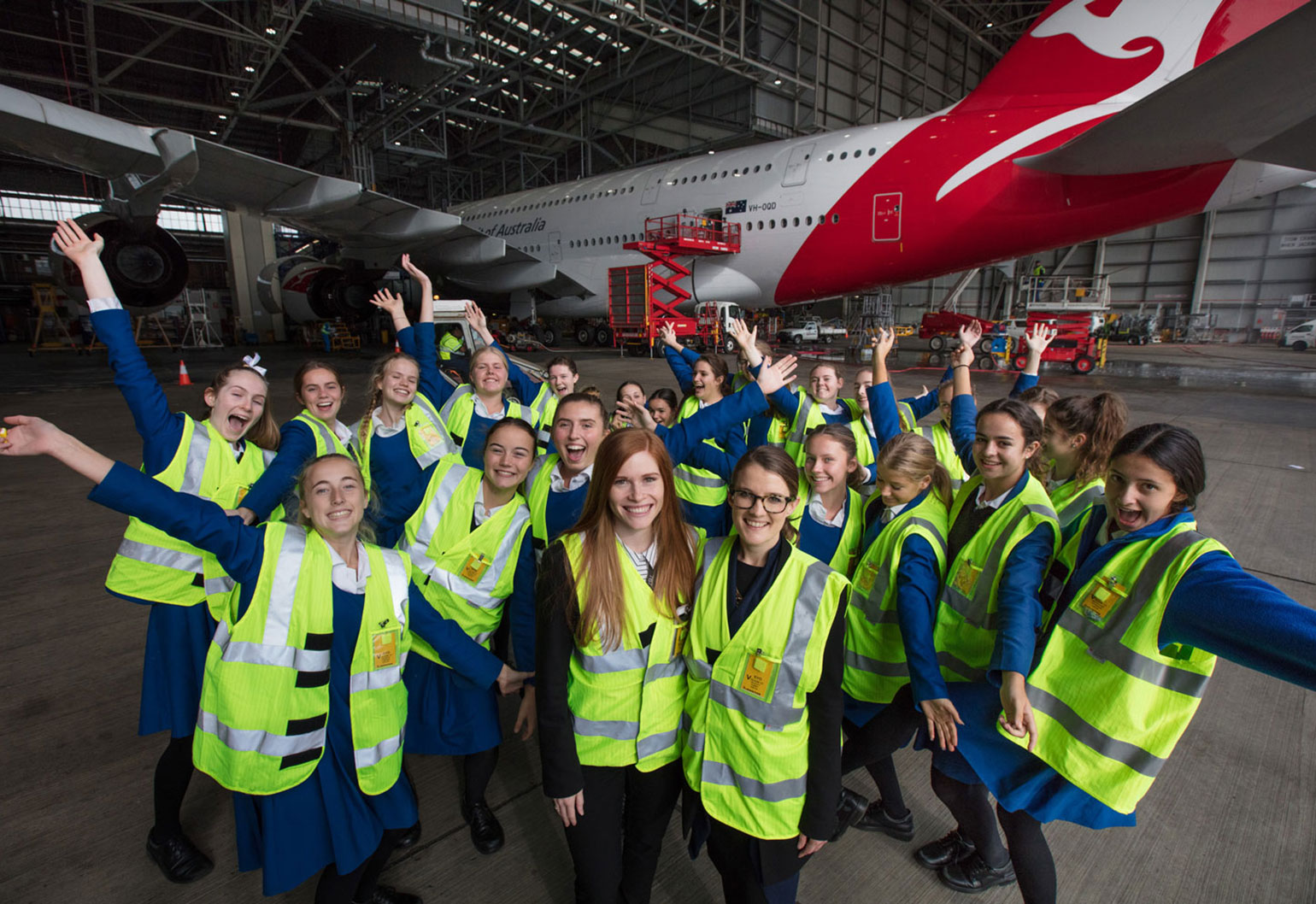 Felicity Furey and students visiting Qantas