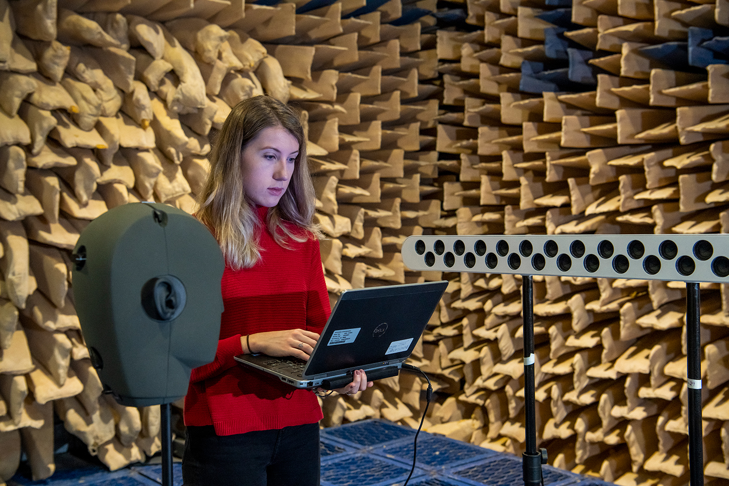 Testing a loudspeaker array in the University of Southampton’s large anechoic chamber. (Image: © University of Southampton)