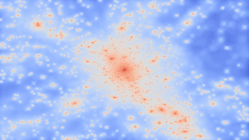 The view of a galaxy cluster with the usually invisible dark matter revealed. This view shows where the dark matter is located within the simulated cluster; each bright spot is a ‘knot’ of dark matter corresponding to the location of a galaxy. (Image: Chris Power, ICRAR/UWA)