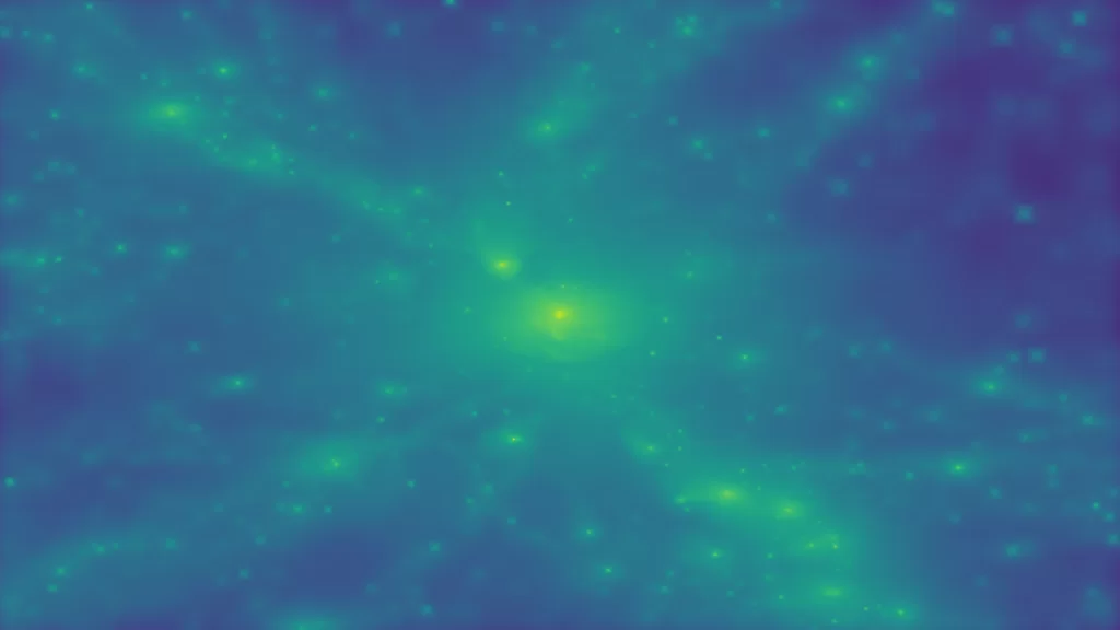 A simulated galaxy cluster revealing the gas that is attracted to dark matter ‘knots’. Each bright spot is a galaxy in the larger cluster. In the real universe, this gas can be detected using radio telescopes and is the fuel for star formation and the evolution of galaxies. (Image: Chris Power, ICRAR/UWA)