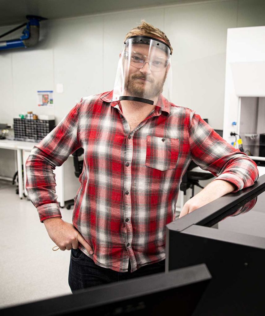 Gordon Wallace wearing a 3D-printed face shield