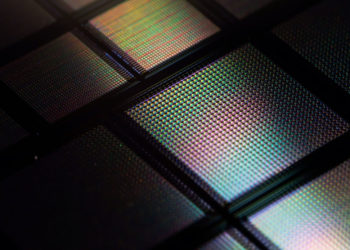 A close-up view of a new neuromorphic 'brain-on-a-chip' that includes tens of thousands of memristors, or memory transistors. (Image: Peng Lin)