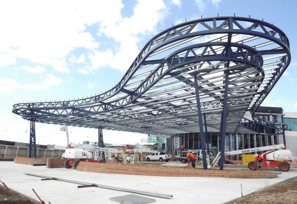 A club entry being built in Mt. Pritchard. The steel was fabricated to the specifications of detail drawings drafted with Advance Steel by Steel Precision Group.