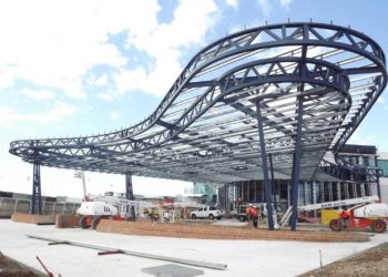 A club entry being built in Mt. Pritchard. The steel was fabricated to the specifications of detail drawings drafted with Advance Steel by Steel Precision Group.