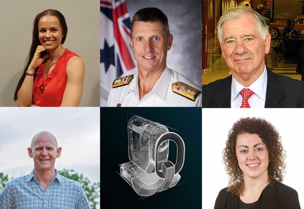 Clockwise from top left: Jacinta Kelly MIEAust CPEng, Rear Admiral Colin Lawrence AM FIEAust CPEng, Professor Harry Poulos AM, Sinead Redmond TIEAust, the Hyperparallel-OCT and Ian Fiztpatrick AMIEAust.