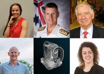 Clockwise from top left: Jacinta Kelly MIEAust CPEng, Rear Admiral Colin Lawrence AM FIEAust CPEng, Professor Harry Poulos AM, Sinead Redmond TIEAust, the Hyperparallel-OCT and Ian Fiztpatrick AMIEAust.