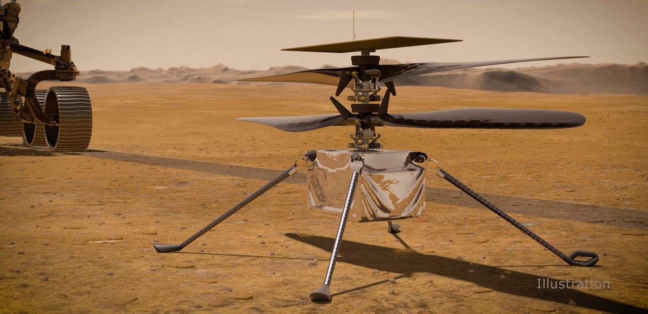 In this illustration, NASA's Ingenuity Mars Helicopter stands on the Red Planet's surface as NASA's Perseverance rover (partially visible on the left) rolls away. (Credit: NASA/JPL-Caltech)