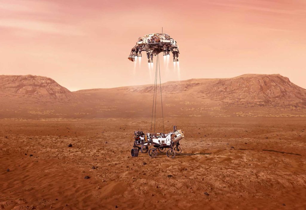An illustration of NASA’s Perseverance rover landing safely on Mars. (Image: NASA/JPL-Caltech)