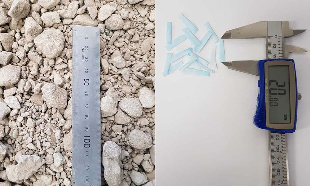 The new material blends recycled concrete aggregate (left) and small strips of shredded disposable face masks (right). (Image: RMIT)