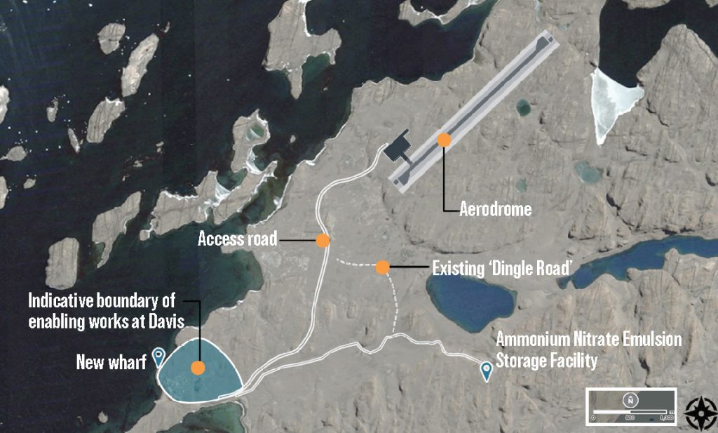 The proposed site: indicative concept approximately 4.5 km north-east of Davis research station in the Vestfold Hills, East Antarctica.