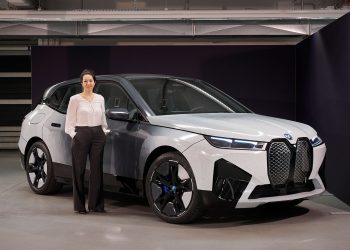 Stella Clarke with the iX Flow, BMW's colour-changing car.