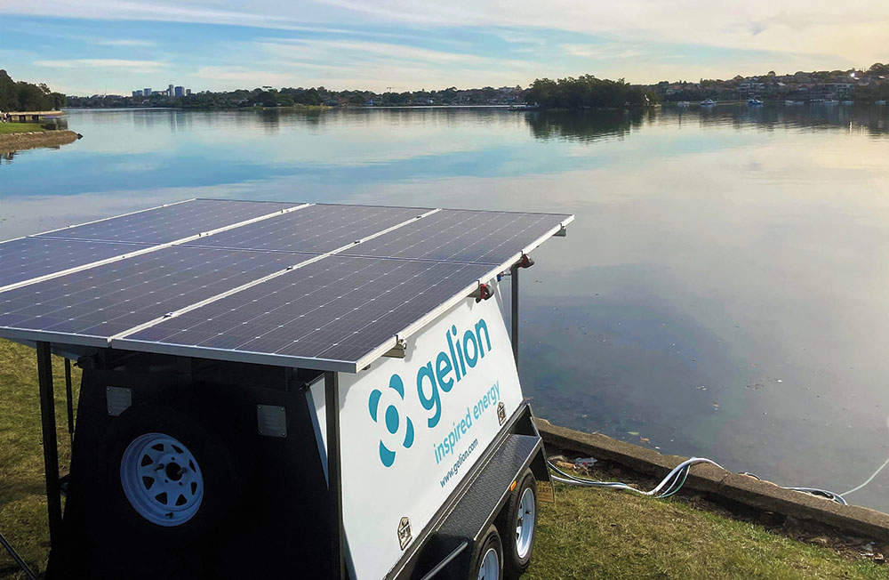 A portable desalination plant powered by solar panels with Gelion batteries.