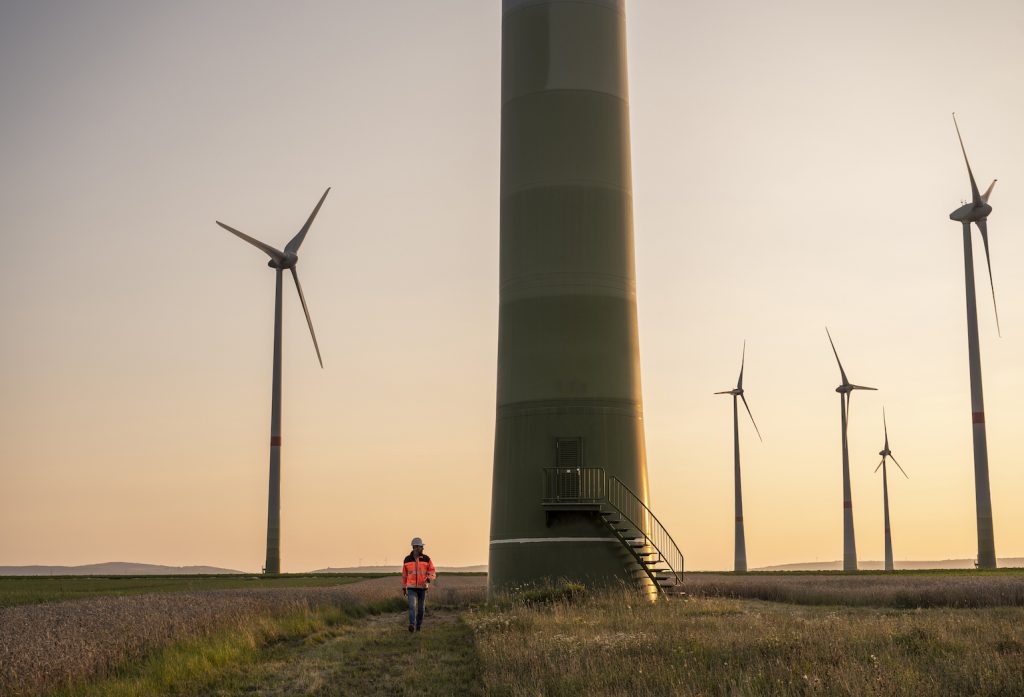 Male engineer walking on meadow in front of wind turbines