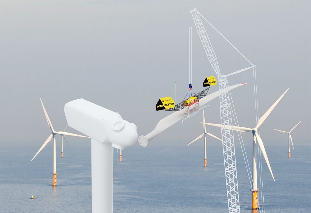 High-speed winds and huge blades make installing offshore wind turbines a challenge.