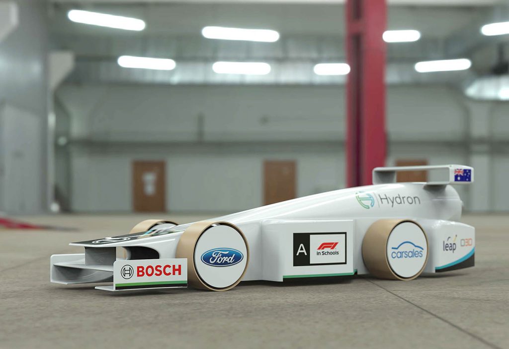 A computer render of the winning F1 in Schools 2022 World Champion car from team Hydron