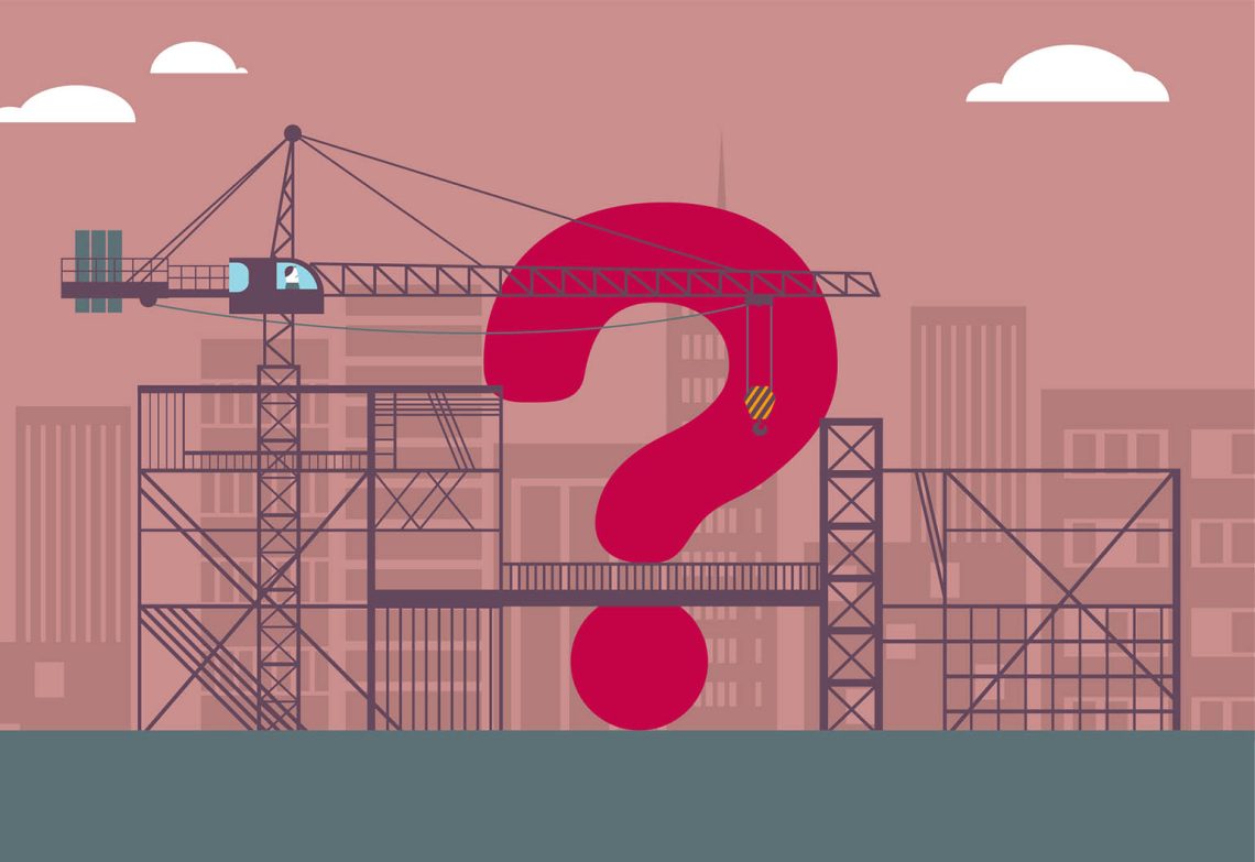 A question mark is under construction at the construction site. The background is brown.