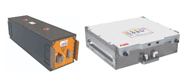 Left: ABB BORDLINE high-power battery module offers high inherent safety, long lifetime event at high and low temperatures and fast charging.
Right: ABB BORDLINE ESS high performance Li-ion battery for rail applications. 