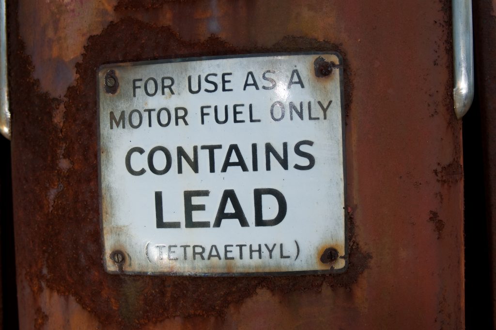 Warning sign for leaded petrol.