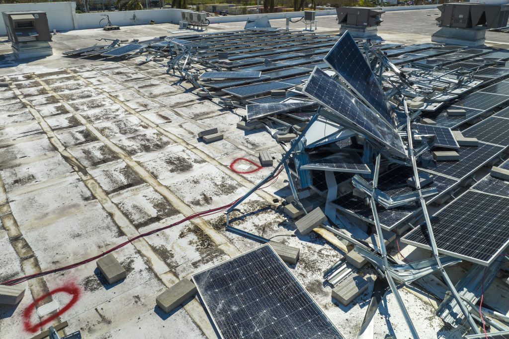 Rooftop photovoltaic solar panels destroyed by Hurricane Ian in 2022. Image credit: Getty Images