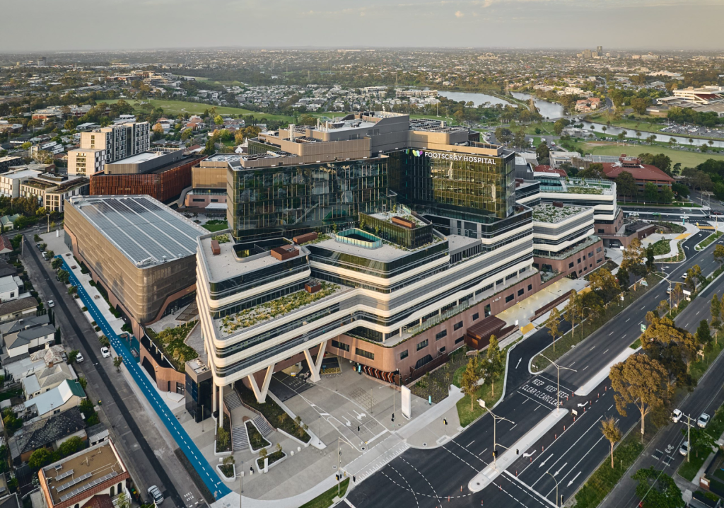 A render of the hospital design, seen from a high angle.