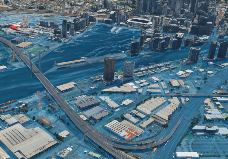 A hypothetical model of Melbourne’s Docklands experiencing five-metre flood inundation. Image: supplied / Hatch